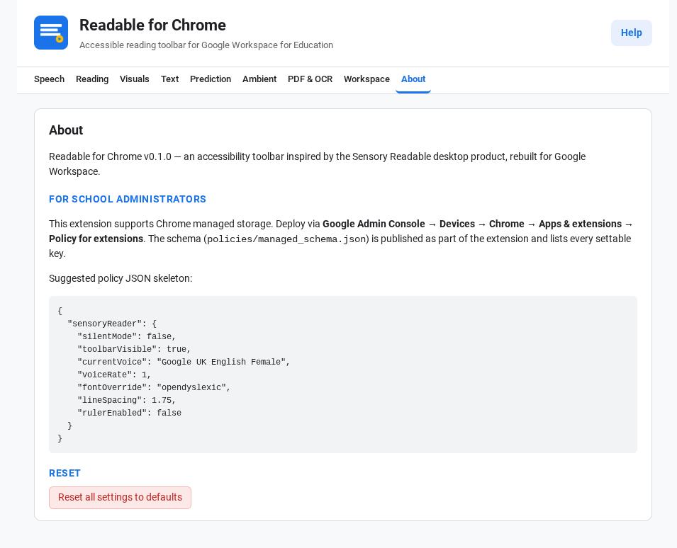 The Settings About tab showing the version number, managed-policy JSON, and Reset all settings button