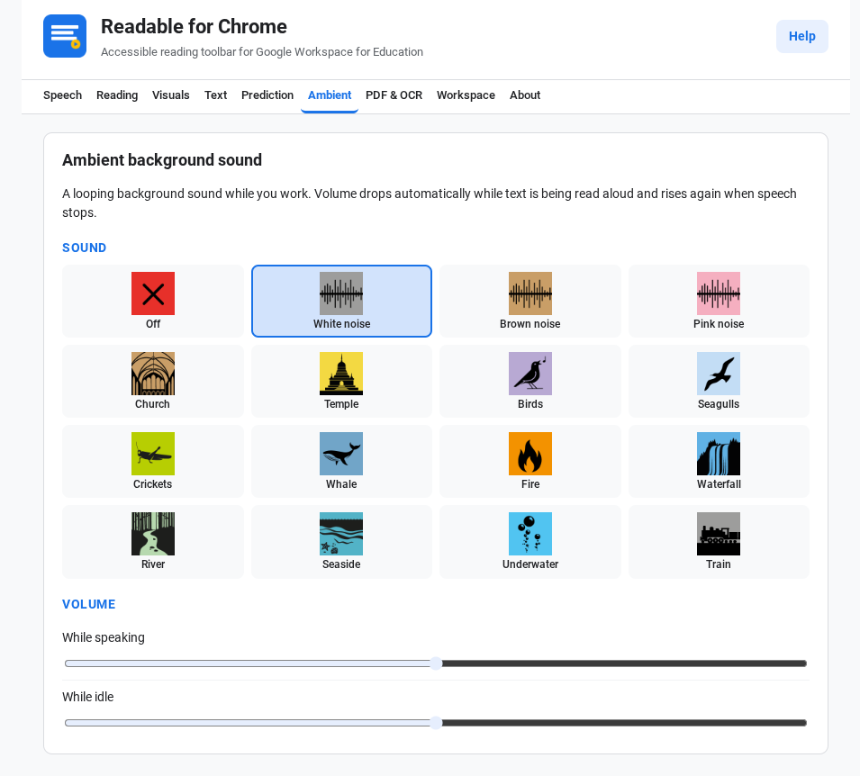 The Settings Ambient tab showing a 4-by-4 grid of sound icons and two volume sliders