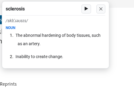 The dictionary popup showing the word sclerosis with its phonetic pronunciation, part of speech, and two definitions