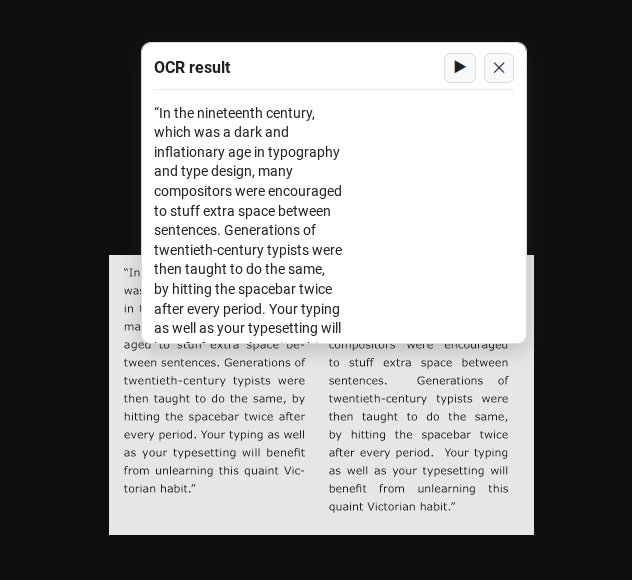 The OCR result popup showing recognised text from a captured region, with play and close buttons