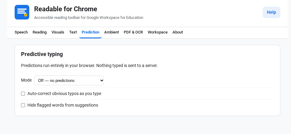 The Settings Prediction tab showing the mode dropdown and two checkboxes