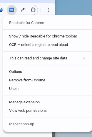 Right-click menu on the Readable for Chrome icon in Chrome's toolbar