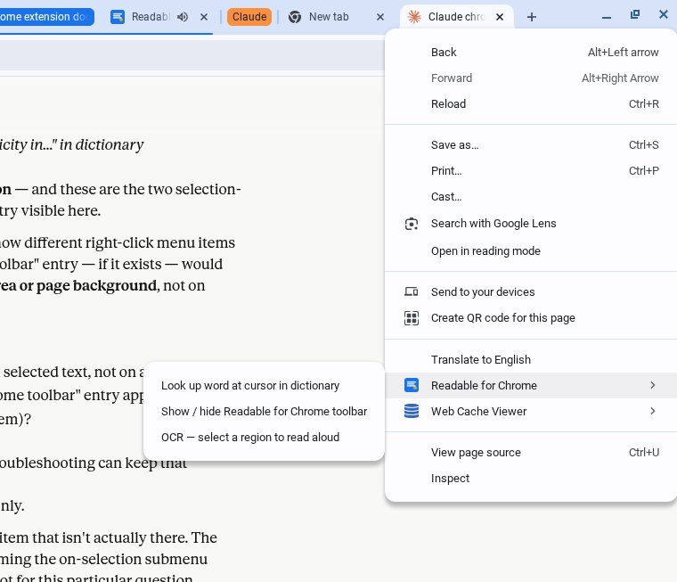 Right-click menu on an empty page area showing three Readable for Chrome items