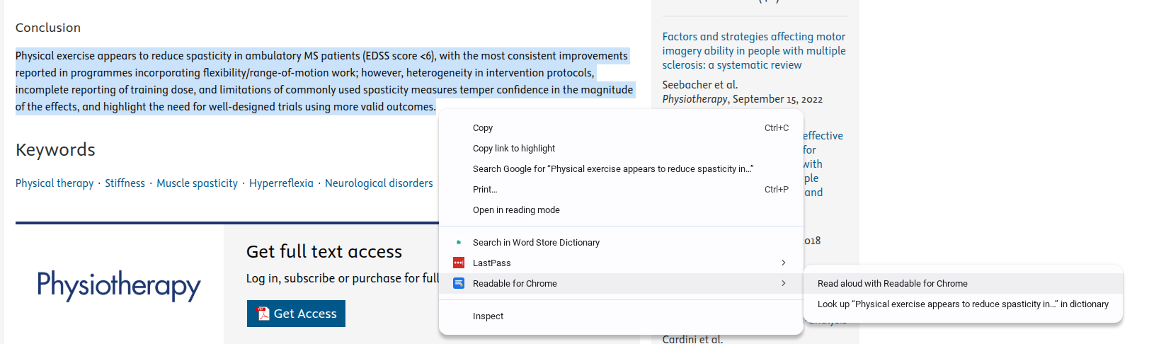 Right-click menu on a text selection showing the Readable for Chrome submenu with Read aloud and Look up options