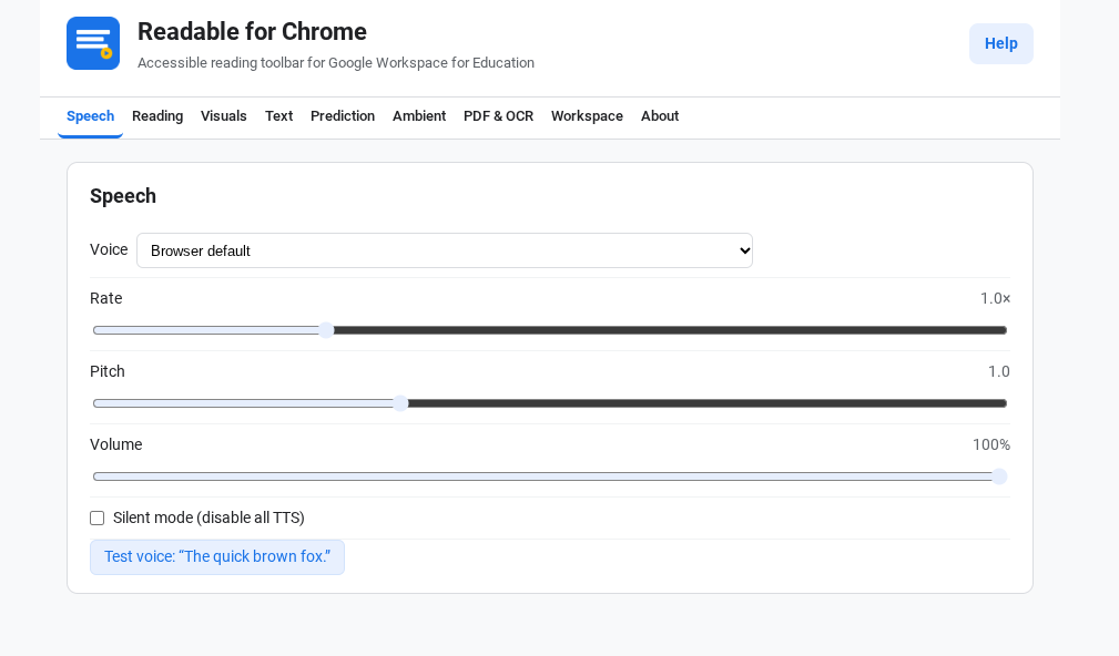 The Settings Speech tab showing voice, rate, pitch, volume, silent mode and test voice button