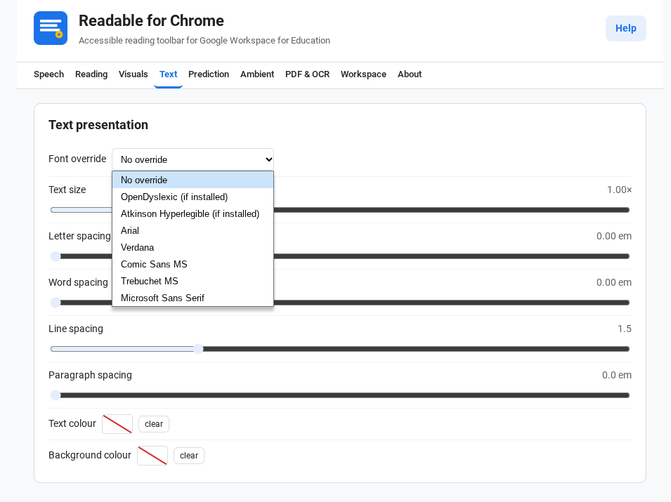 The Settings Text tab with the font dropdown open showing all eight font choices