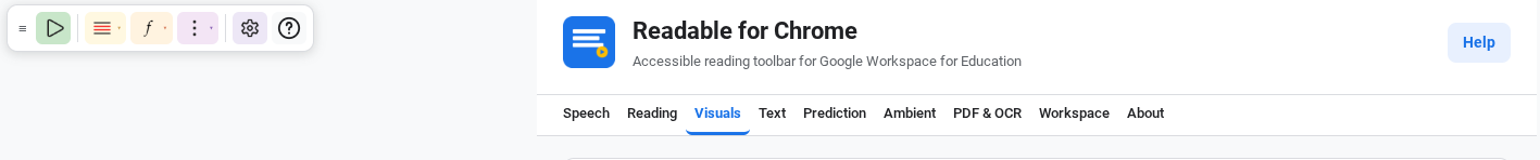 The Readable for Chrome floating toolbar showing its three dropdowns and action buttons