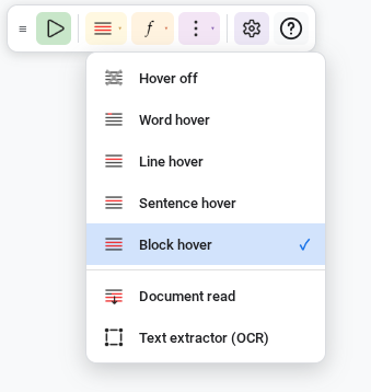 The hover/read mode dropdown showing all options, with Block hover highlighted